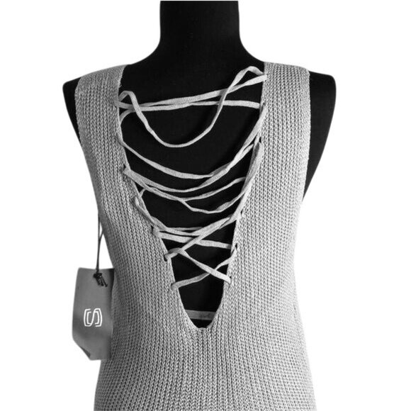 Sans Souci XL Sweater V-Neck Sleeveless Knit Top Lace-Up Back Gray Lightweight - Picture 6 of 12